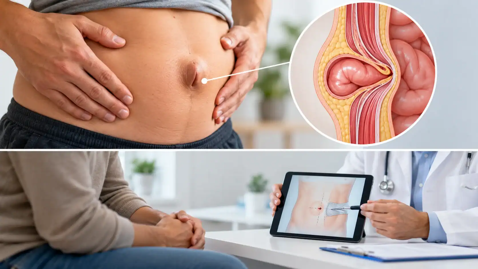 Ilustración de una hernia umbilical y su localización en la pared abdominal
